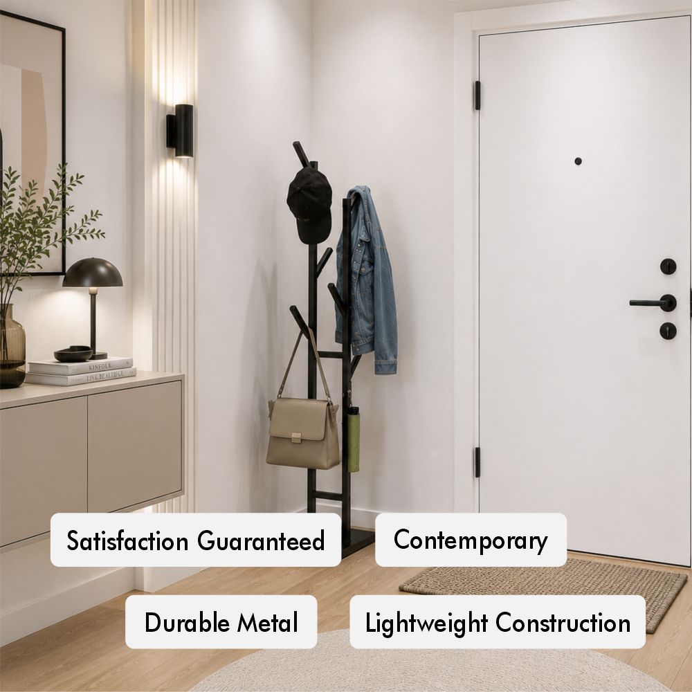 Freestanding metal coat rack key features: satisfaction guaranteed, contemporary design, durable metal, lightweight construction.