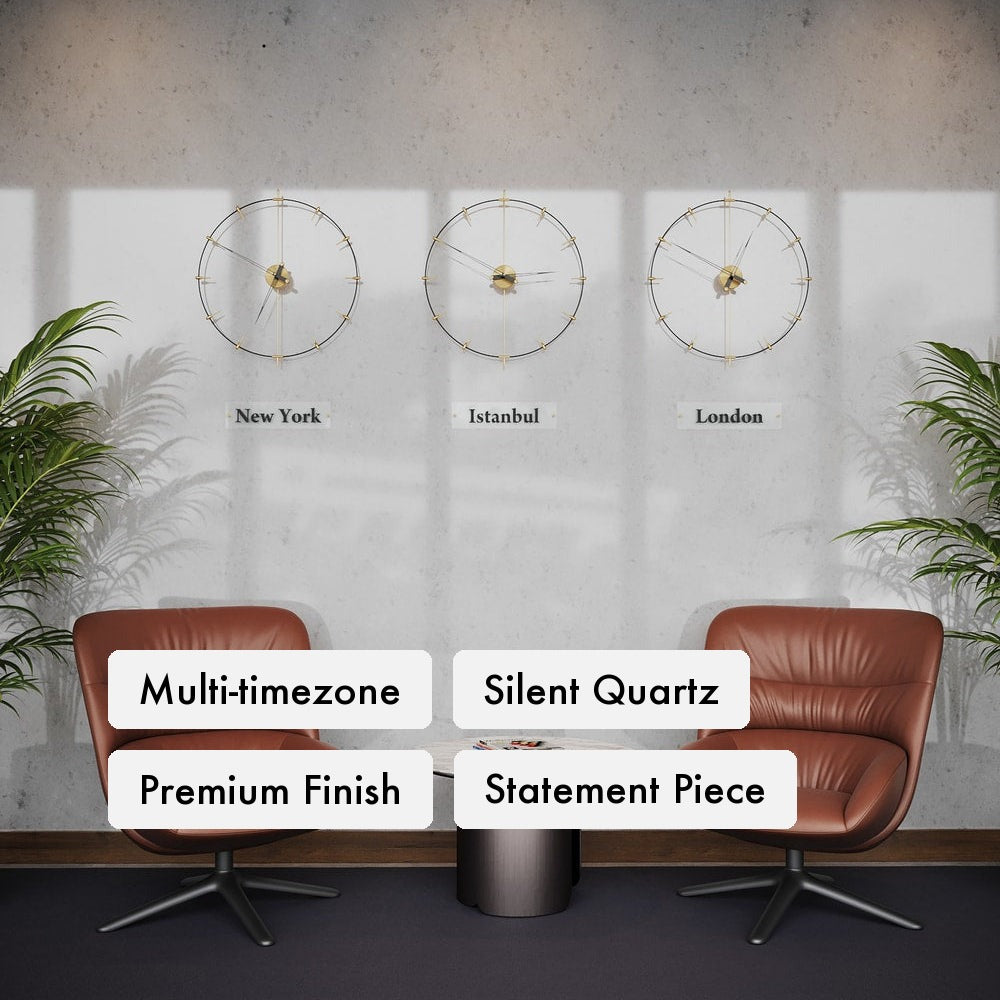 Massive Indicator World Clock key features: multi-timezone display with engraved city plates, silent quartz movement, metal metal finish, 3-city or 4-city configurations.