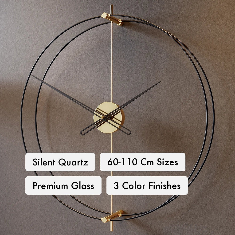 Timeless Simple Wall Clock key features: silent sweep quartz movement, three sizes (60/90/110 cm), metal glass face, three finishes (Brushed Gold, Black, Brushed Chrome).