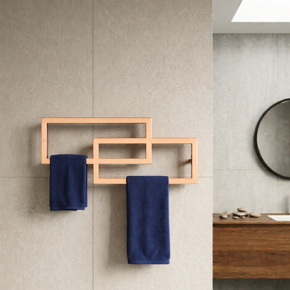 Bathroom with wooden towel rack holding blue towels against a tiled wall.