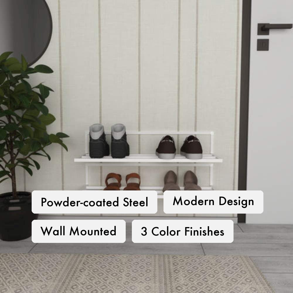 Modern Design Metal Shoe Rack key features: powder-coated steel, sleek modern design, wall-mounted, three color finishes.