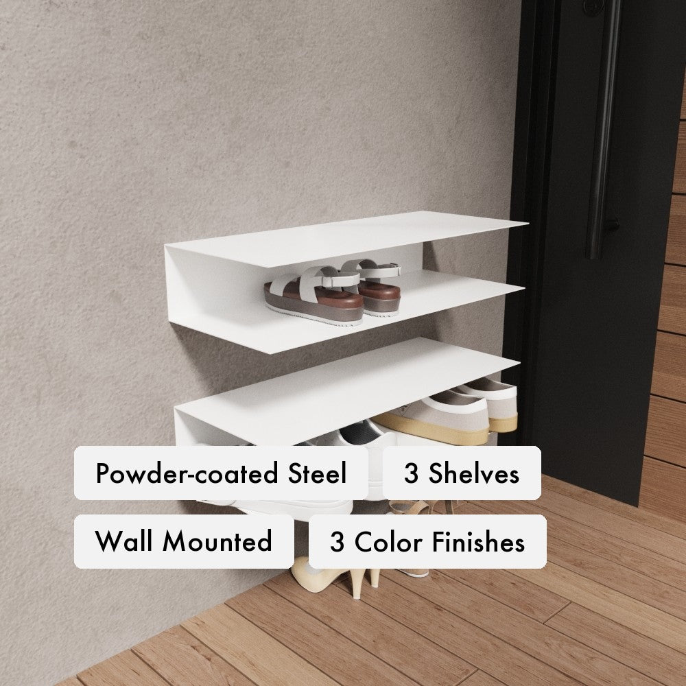 Wall Mounted Horizontal Shoe Rack key features: powder-coated steel, 3-shelf storage, wall-mounted slim profile, three color finishes.