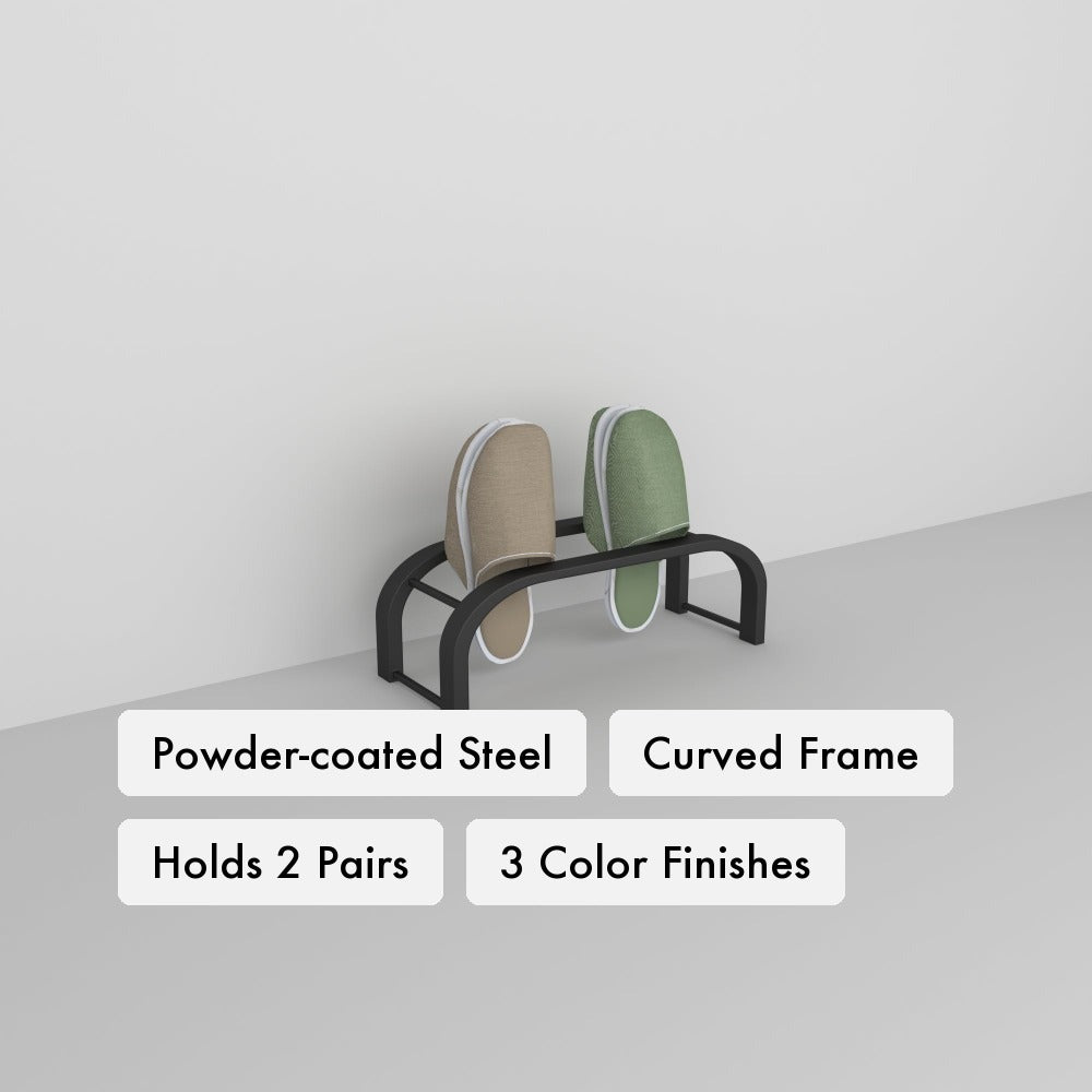 Slipper Storage key features: powder-coated steel, curved-frame design, holds 2 slipper pairs, three color finishes.