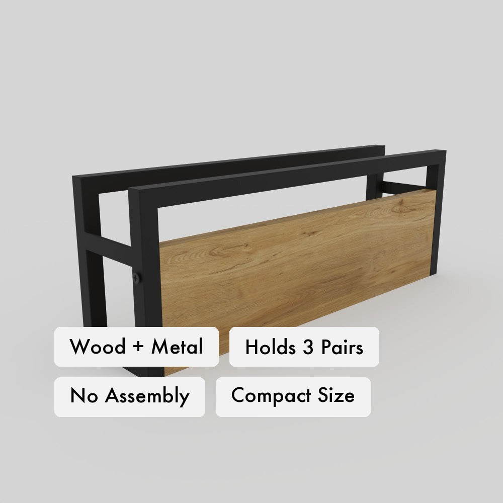 Minimalist Slipper Rack and Shelf key features: wood-and-metal construction, holds 3 slipper pairs, no assembly, compact size.