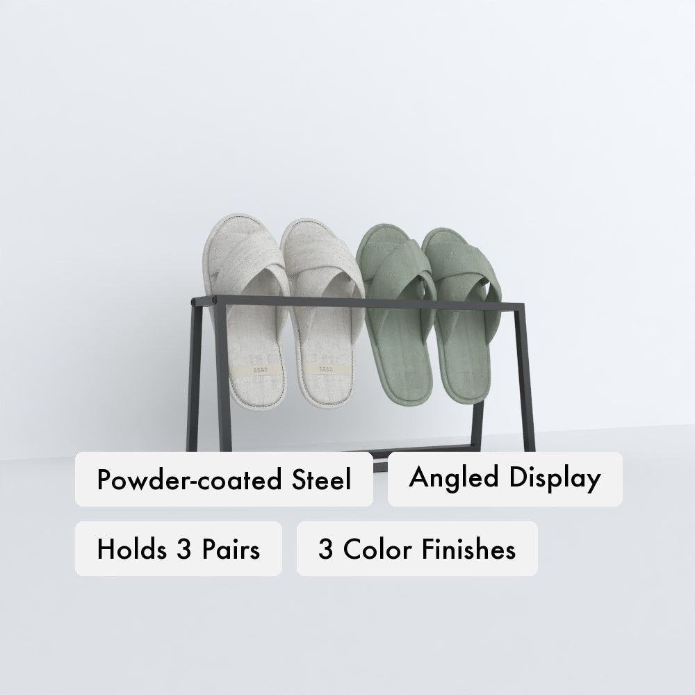 Angled Slipper Holder key features: powder-coated steel, angled visible display, holds 3 slipper pairs, three color finishes.