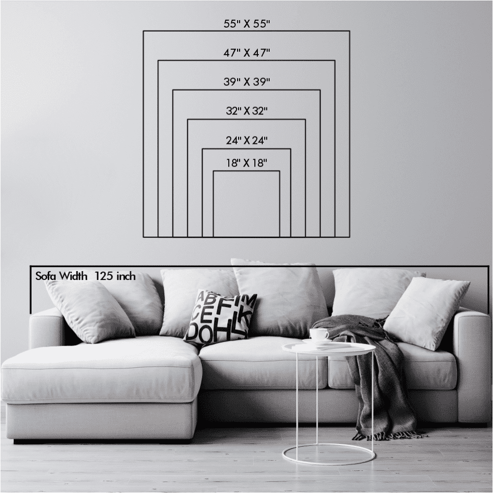 Size chart for wall art featuring various dimensions ranging from 18"x18" to 55"x55", displayed above a 125-inch wide sofa for scale.