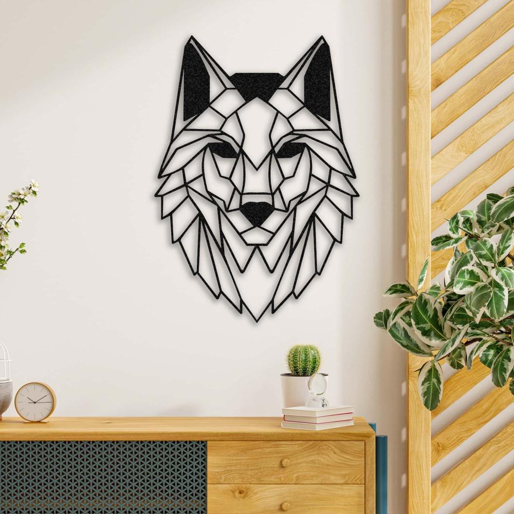 Geometric wolf head metal wall art in white, mounted on a dark gray wall above a light gray modern sofa. The decor is complemented by a pink wireframe side table with a bouquet of white roses and a gold-accented coffee table on a wooden floor.