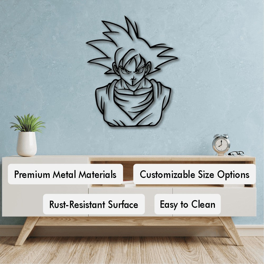 A minimalist living room decor featuring a metal wall art design inspired by an anime character, mounted above a modern wooden console. Text overlays highlight product features such as "Premium Metal Materials," "Customizable Size Options," "Rust-Resistant Surface," and "Easy to Clean."