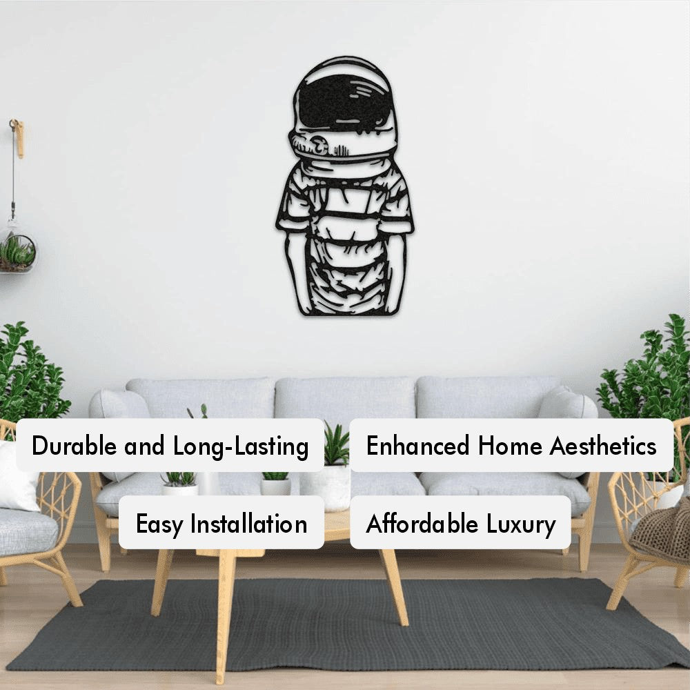 Astronaut metal wall art displayed in a living room above a modern sofa, showcasing features like durability, easy installation, and enhanced home aesthetics.