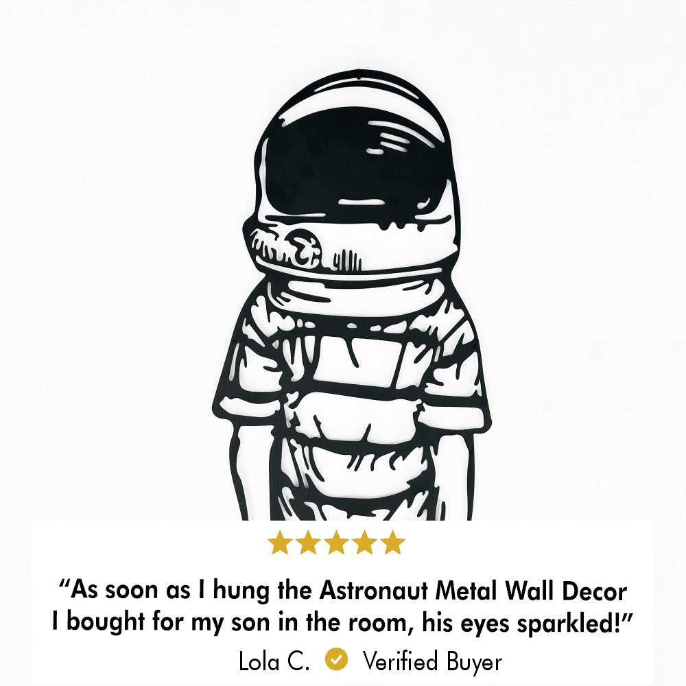 Black astronaut metal wall decor with a verified customer review stating, "As soon as I hung the Astronaut Metal Wall Decor I bought for my son in the room, his eyes sparkled!" by Lola C., rated 5 stars.