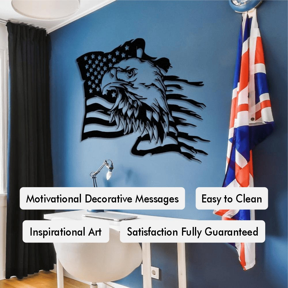 Patriotic wall art featuring a fierce bald eagle gripping an American flag, perfect for adding a motivational and decorative touch to any room.