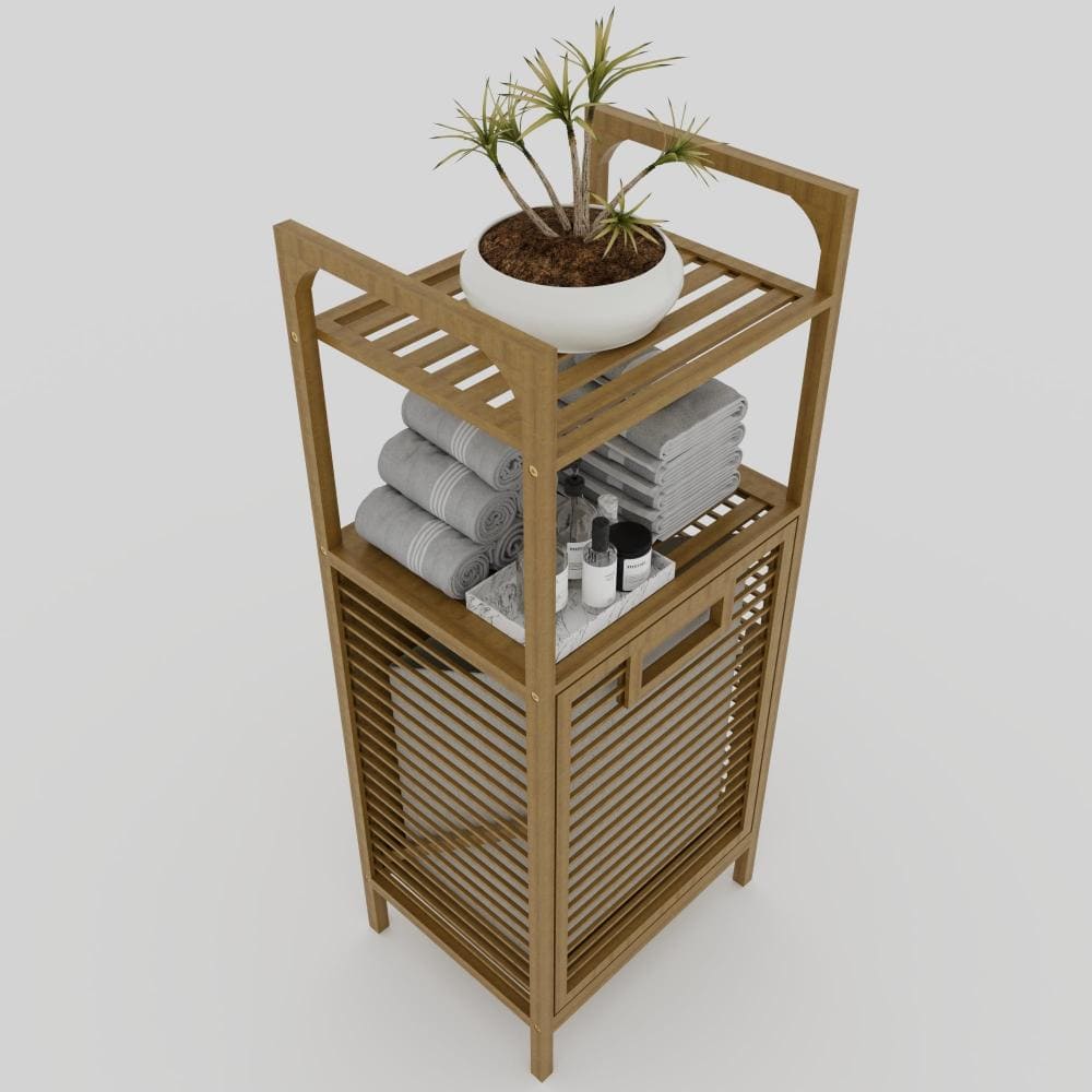 Close-up angled view of a bamboo bathroom storage cabinet showcasing its spacious open shelves, folded towels, and a decorative white planter with greenery.