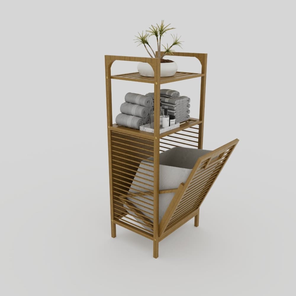 Angled 3D render of a bamboo bathroom storage cabinet with a tilt-out laundry basket partially opened, displaying its practical and stylish design