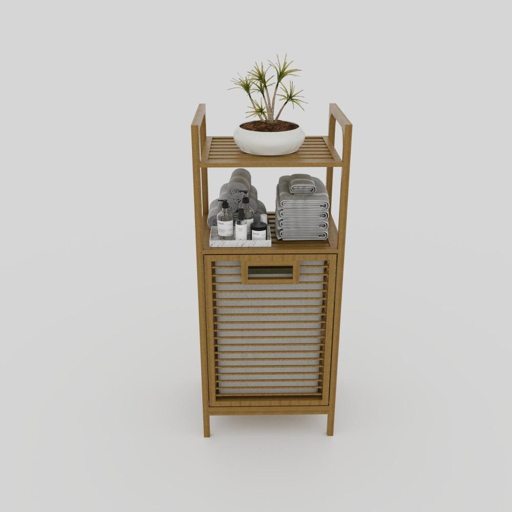 Front-facing 3D render of a bamboo storage cabinet for bathrooms, featuring a tilt-out laundry basket, top shelving with toiletries, and a decorative plant