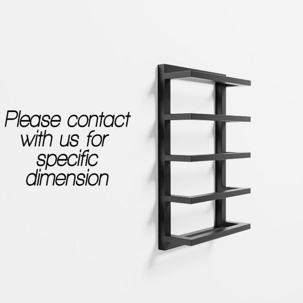 Black metal wall-mounted towel rack with a modern design featuring multiple shelves, displayed against a white background with text reading "Please contact with us for specific dimension"