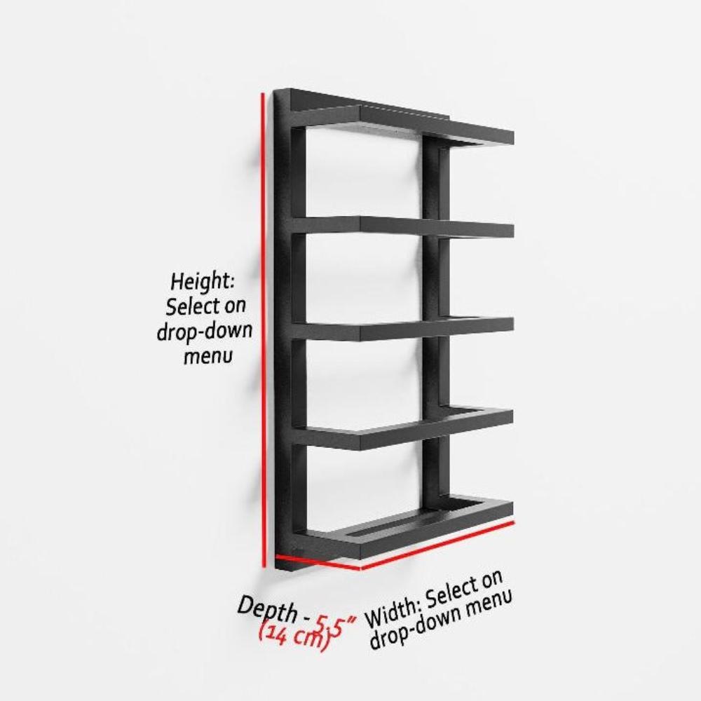 Side view of a black metal towel rack with customizable height and width options, featuring a depth of 5.5 inches (14 cm), highlighted in red along the edges with measurements labeled