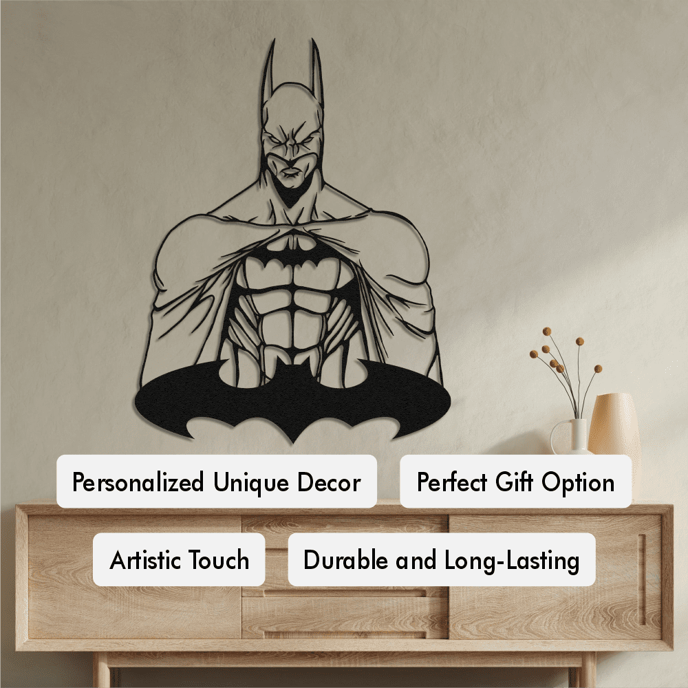 Black metal Batman wall art with a muscular design and bat symbol, showcased above a minimalist wooden console decorated with a vase and dried flowers, emphasizing durability and artistic touch.
