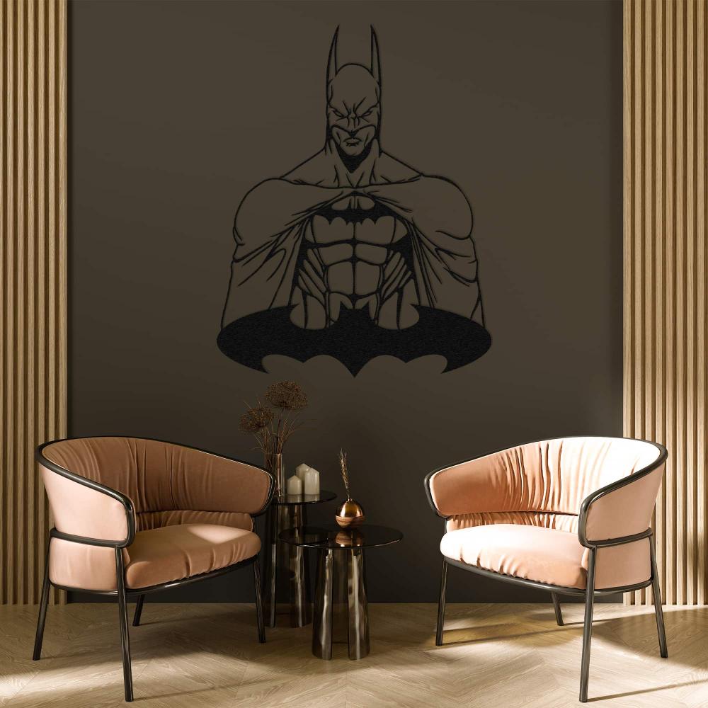 Batman-themed metal wall art displayed in a modern living room with muted lighting, featuring two elegant beige chairs and a sleek black side table with decorative items against a dark accent wall.