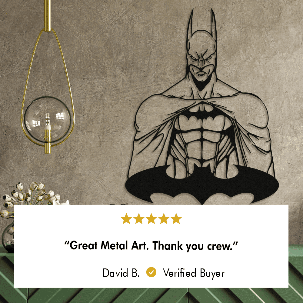 Black metal Batman wall art featuring a muscular design and bat symbol, mounted on a textured wall. A gold pendant light and green console with floral accents enhance the decor. Verified buyer David B. praises the craftsmanship in his 5-star review.