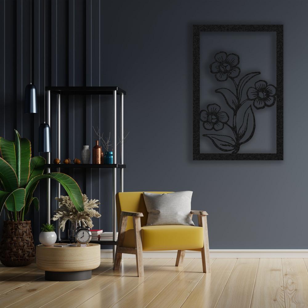 A cozy bedroom with a black metal floral wall art hung above the bed, complemented by warm lighting and soft bedding.