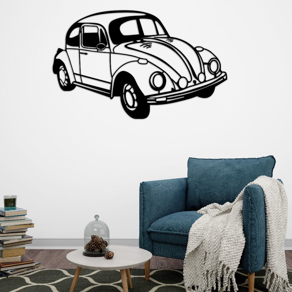beetle car silhouette with blue sofa