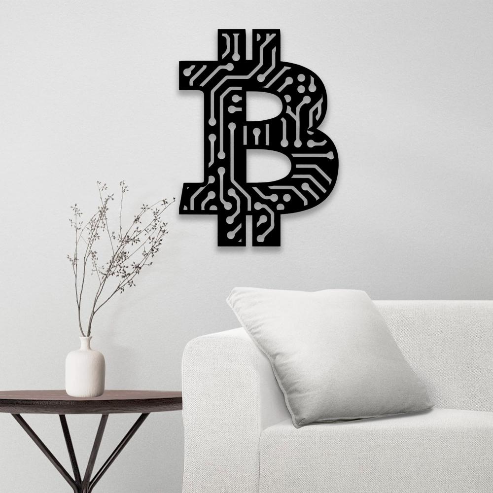 Black Bitcoin-themed wall art with a circuit board design mounted on a light gray wall, positioned near a white modern sofa and a minimalist round table holding a vase with delicate branches.