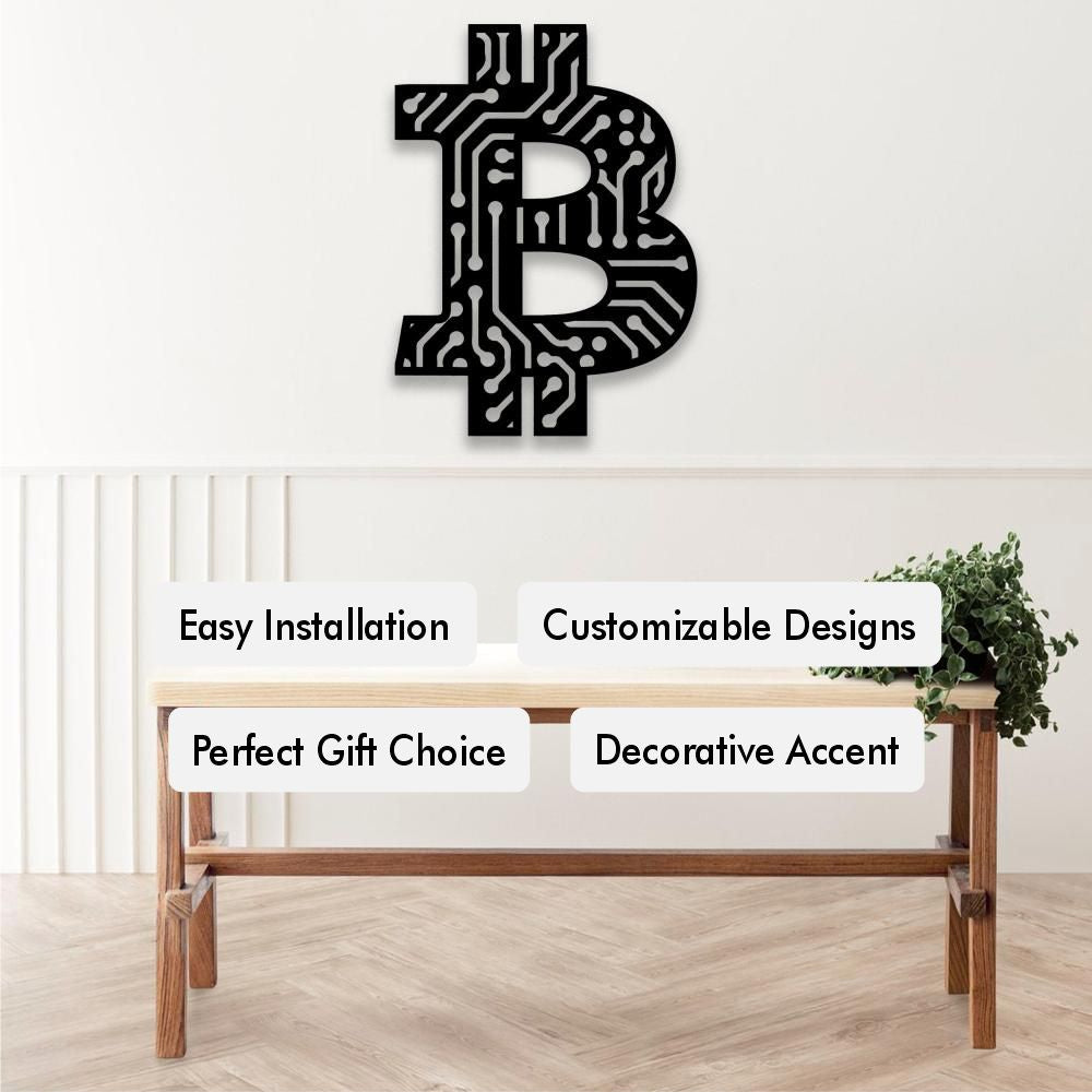 Metal wall art of a Bitcoin symbol with a circuit board design above a wooden bench with labels stating:  easy installation, customizable designs, perfect gift choice, and decorative accent.