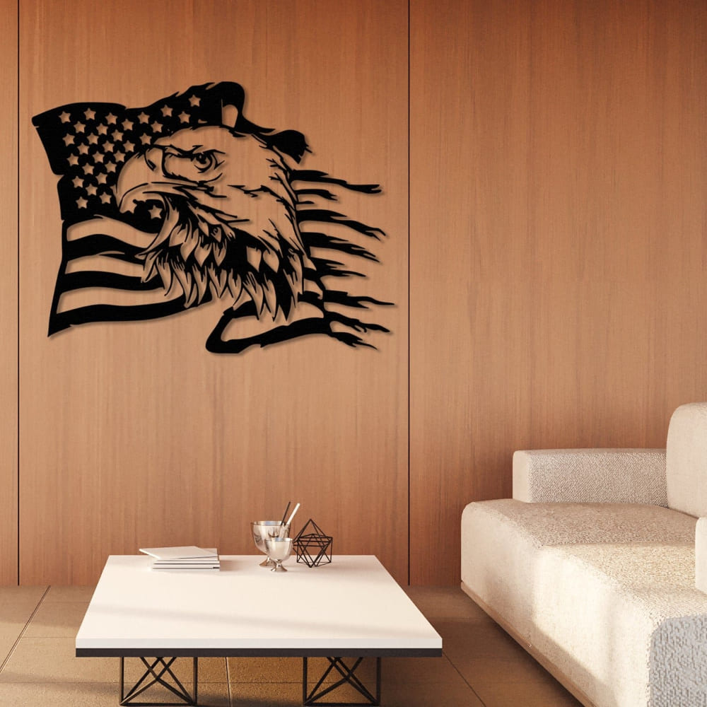 Black American eagle and flag metal wall art mounted on a wooden wall in a modern living room, complementing the neutral-toned furniture and sleek decor.