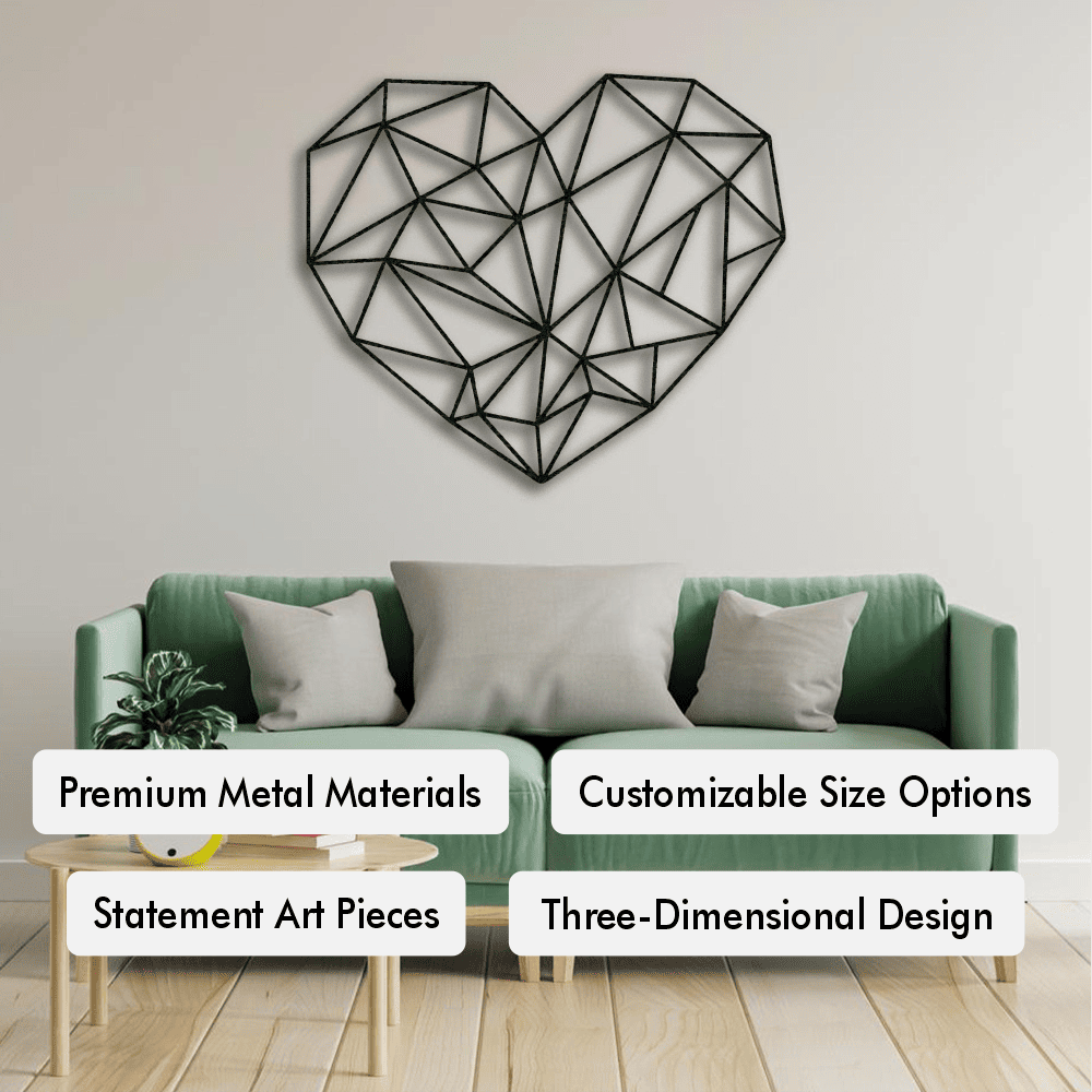 Black geometric heart wall art displayed above a green sofa with white cushions in a cozy living room setting, highlighting customizable size options and premium metal materials.