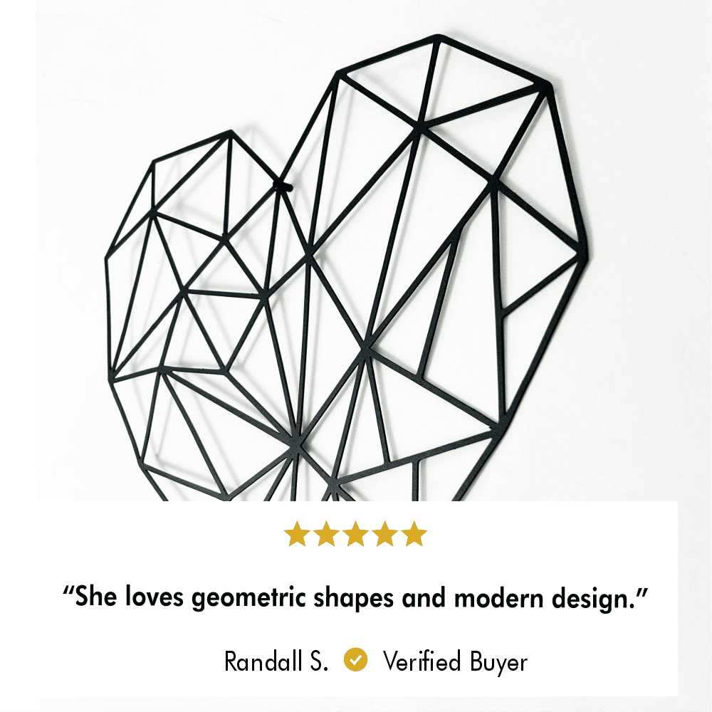 Close-up of black geometric heart wall art showcasing intricate modern design and a verified customer review praising the piece for its geometric shapes and contemporary aesthetic.