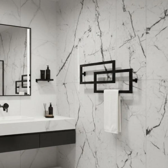 Modern bathroom with marble walls, sink, and decorative elements.