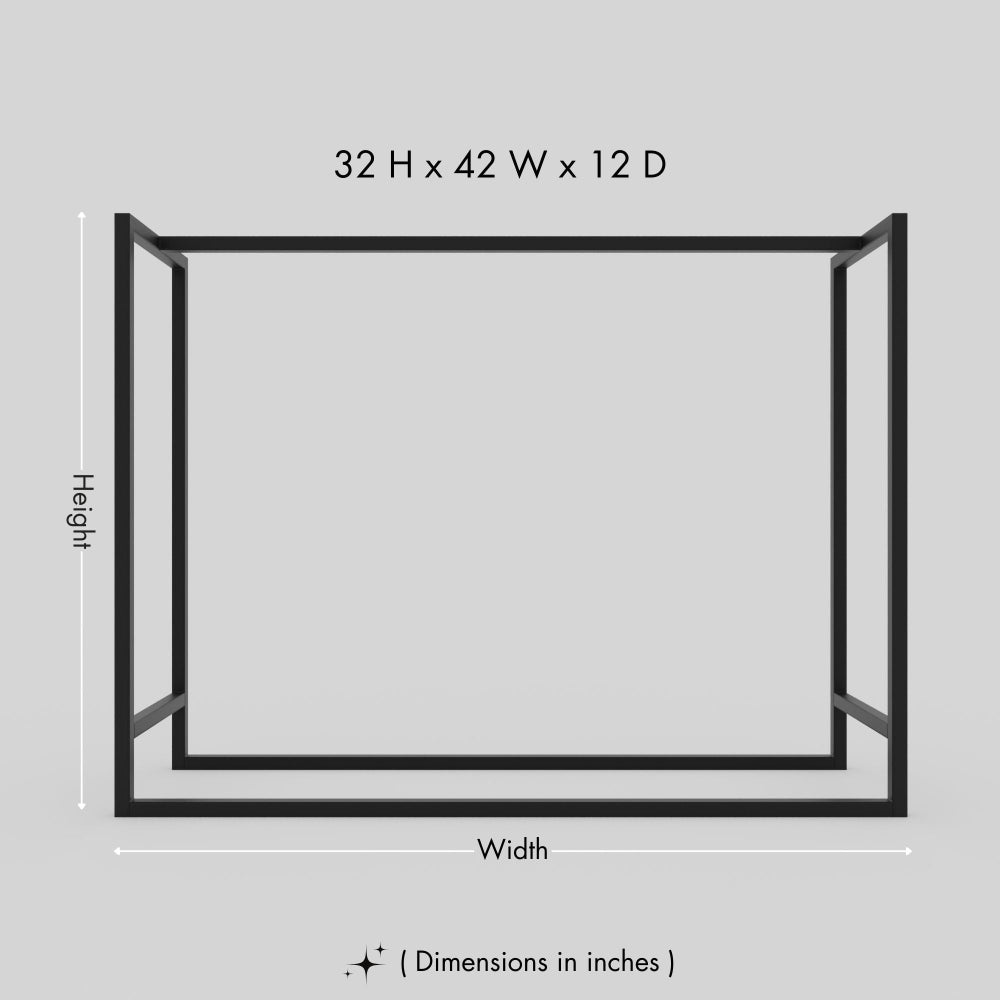 A dimension diagram of a black metal log holder displaying 32 inches in height, 42 inches in width, and 12 inches in depth.