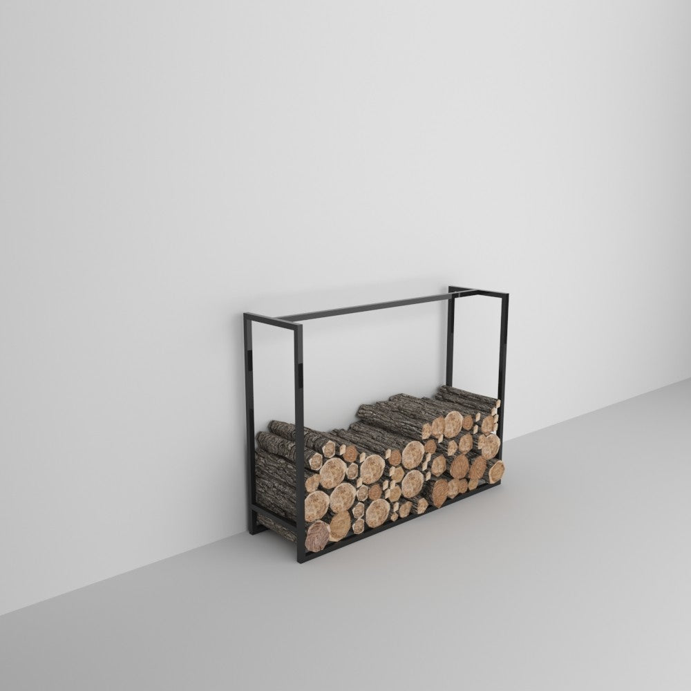 A black metal log holder filled with firewood, placed outdoors on a grassy lawn under a sunny sky.