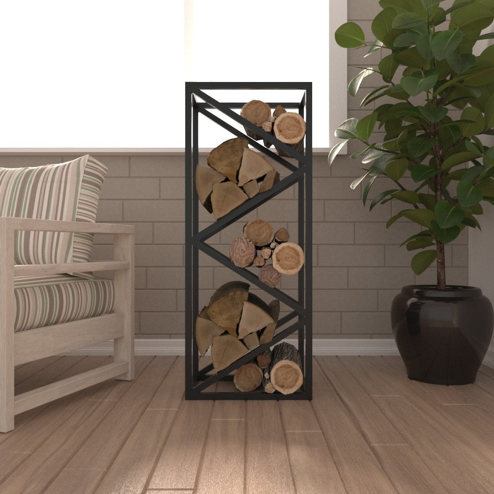 A black geometric log rack with firewood, placed near a green potted plant and chair, adding a natural and organized look to the room.