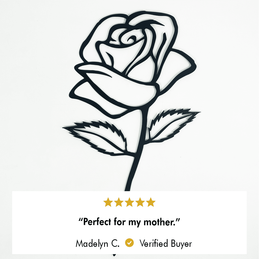 Black metal rose wall art on a white background, accompanied by a verified buyer's review that reads, "Perfect for my mother," with a five-star rating from Madelyn C.