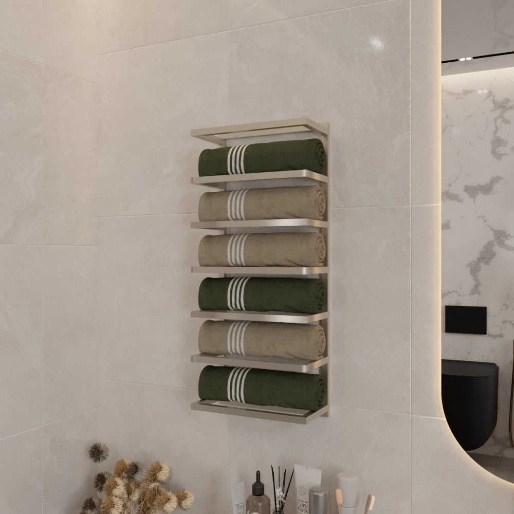 Wall-mounted satin nickel towel rack with six tiers, holding neatly rolled green and beige towels, displayed in a modern bathroom with light-colored tiles and minimalistic decor.