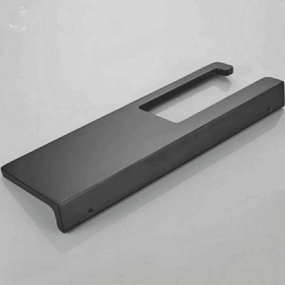 A minimalist black multifunctional bathroom shelf with a built-in toilet paper holder, showcasing a sleek and compact design.