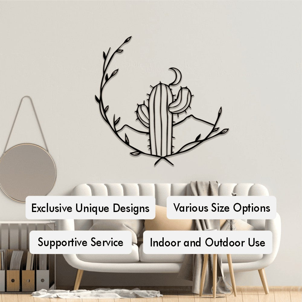 Cactus and moon metal wall decor with a desert-inspired design, perfect for indoor and outdoor use, offering exclusive unique designs and various size options.