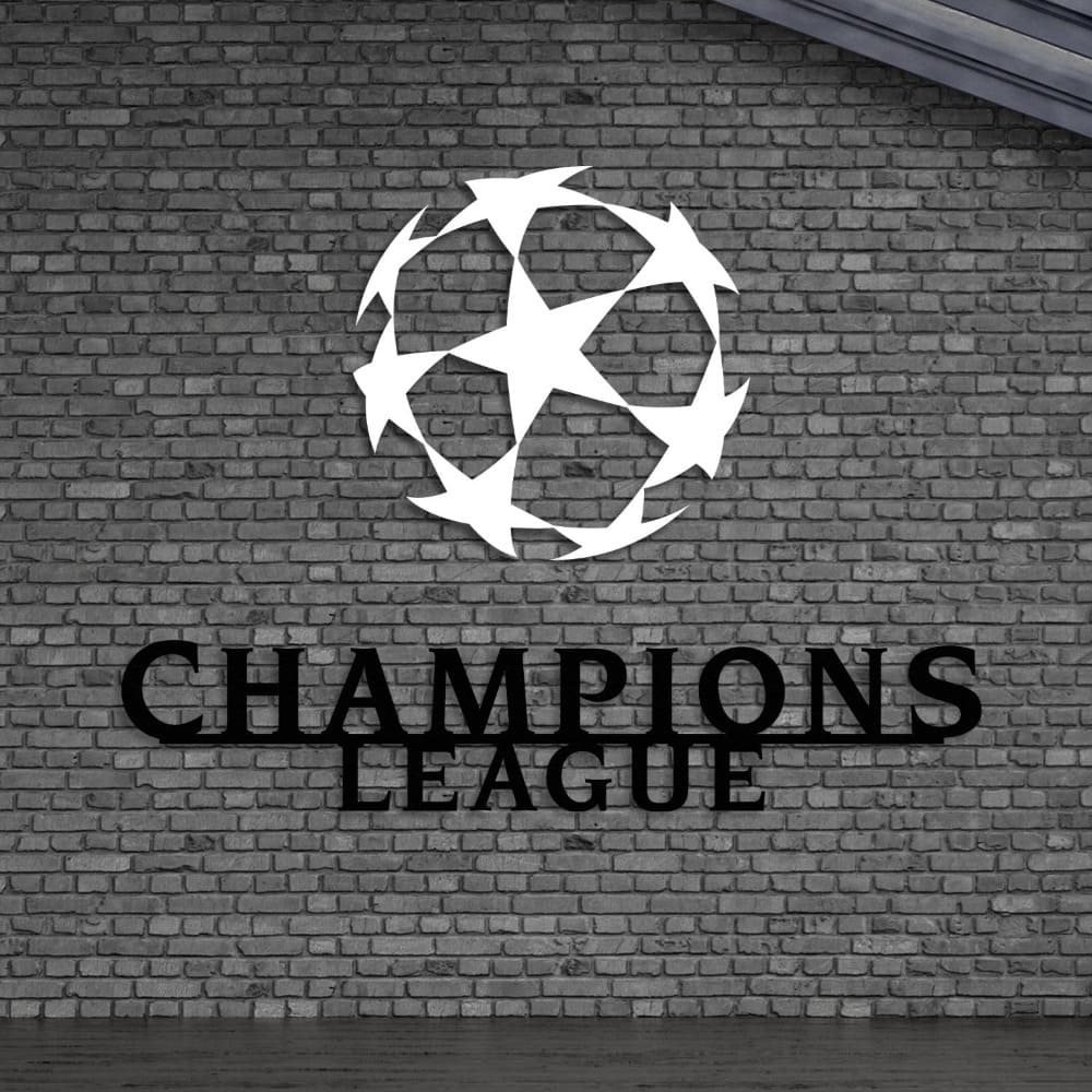Black and white Champions League wall art featuring a star-patterned ball and bold text, mounted on a modern brick wall with industrial accents.