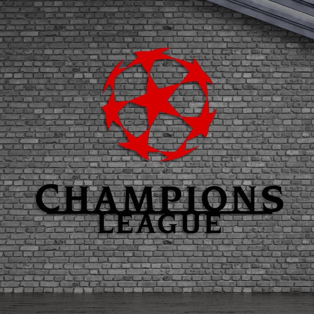Black and white Champions League wall art with a red star-patterned ball, displayed on a dark background with contrasting red accents.