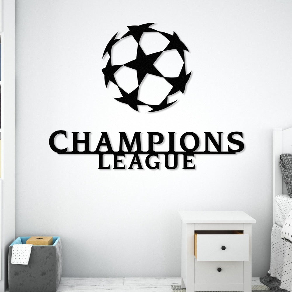Elegant Champions League wall art in black, featuring a star-patterned ball and text, styled in a minimalist bedroom with a white nightstand.