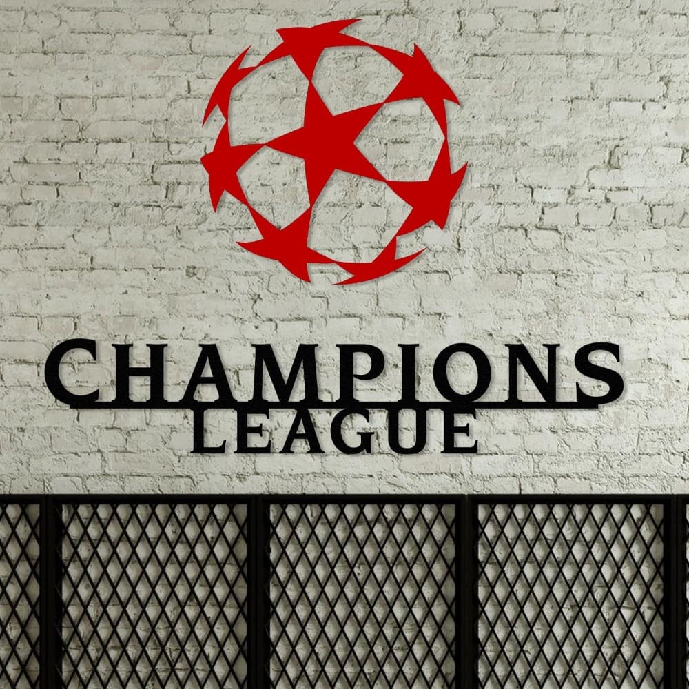 Red and black Champions League wall art featuring a star-patterned ball and bold lettering, displayed on a white brick wall with industrial-style decor.