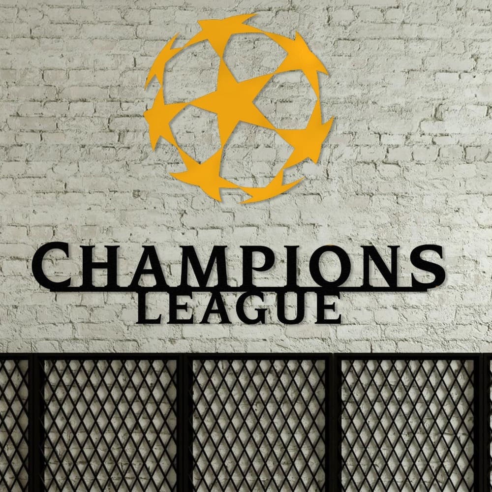 Elegant Champions League wall art in black and red, showcasing a star-patterned ball, styled on a textured gray brick wall in a contemporary setting.