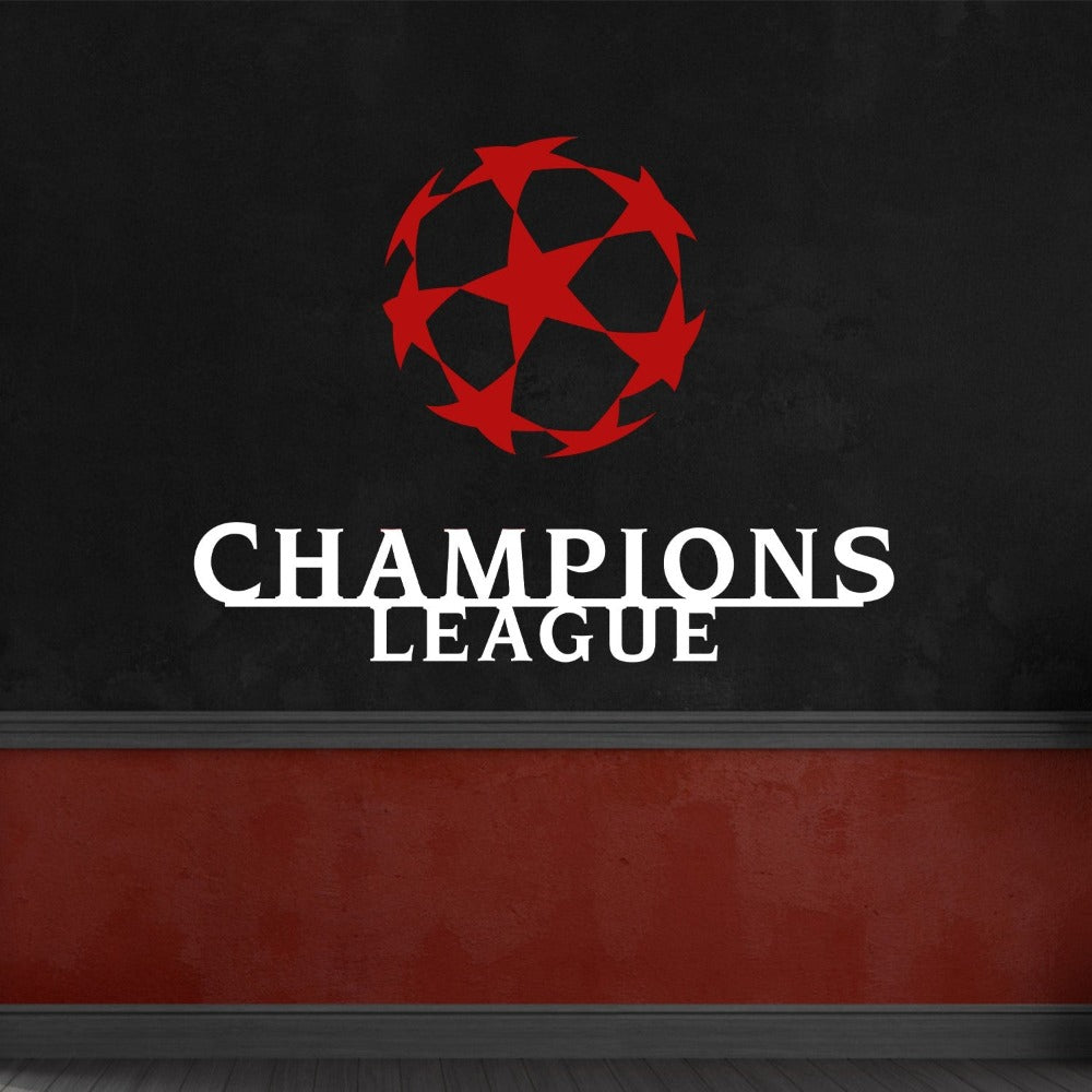 Sophisticated Champions League wall art with a white and gold star-patterned ball, complemented by white bold lettering, mounted on a dark wall with rich red accents.