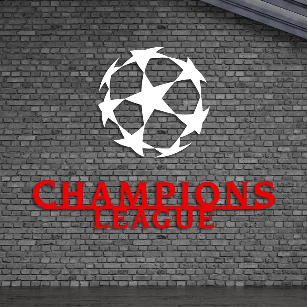 Champions League wall art in white and red, showcasing a star-patterned ball and bold text, styled on a gray brick wall with a minimalist design.
