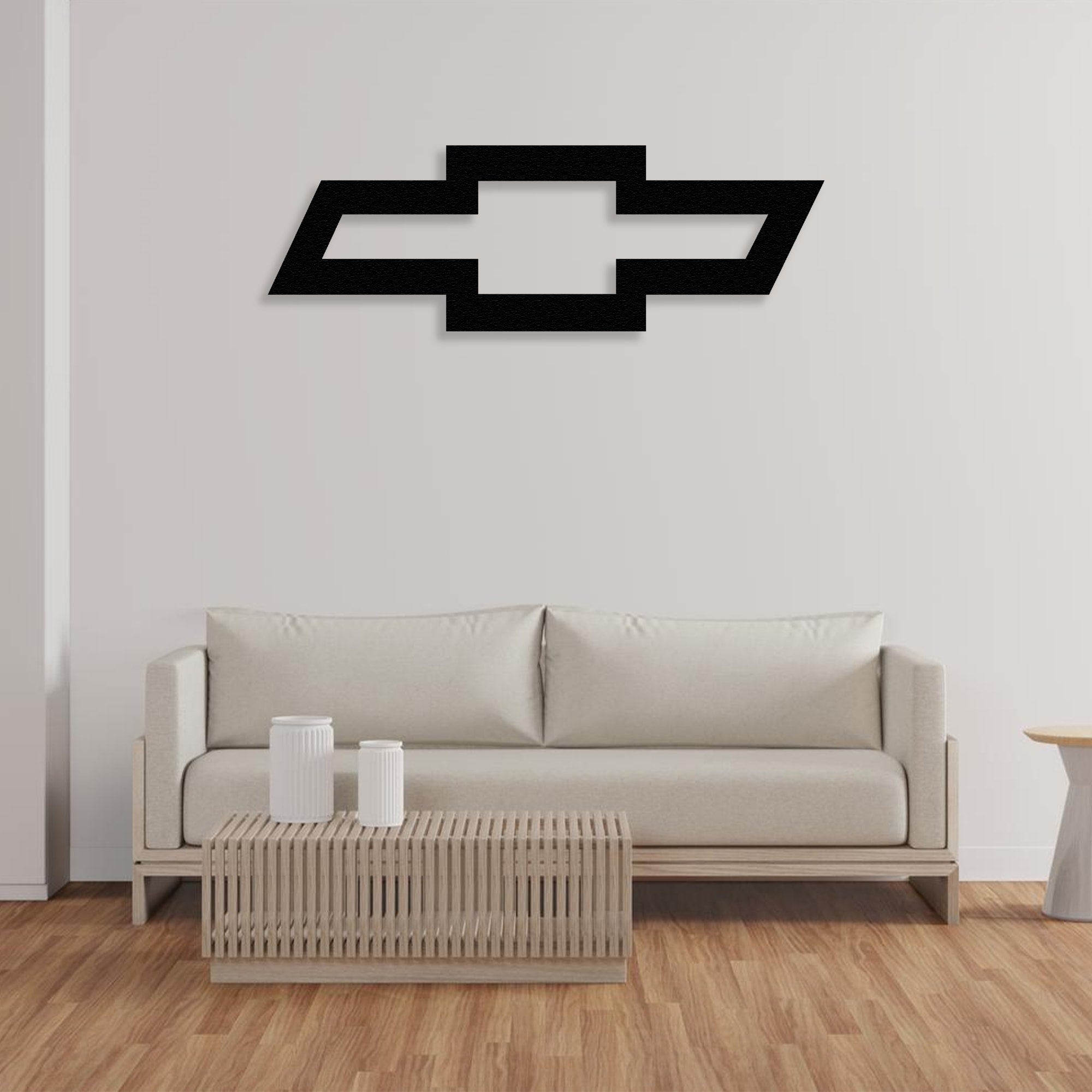 chevrolet metal wall art decor on the sofa 2