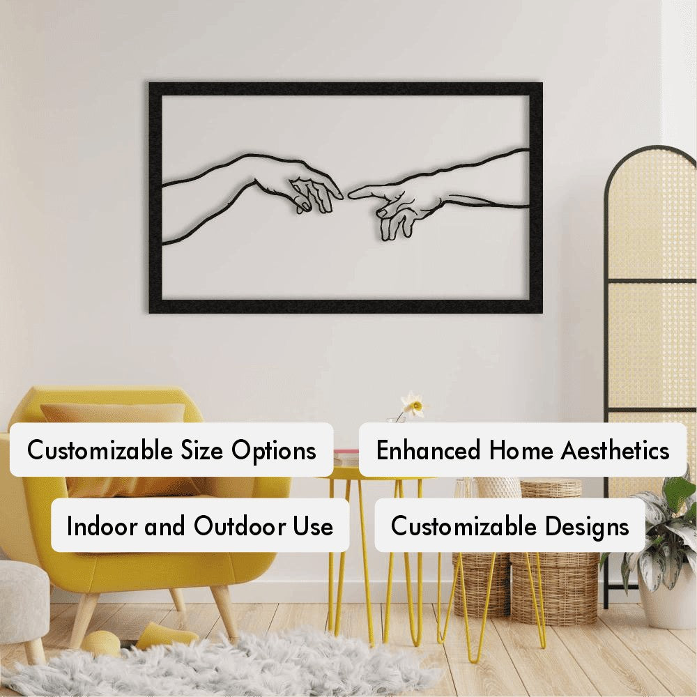 A stylish living room decor featuring metal wall art inspired by Michelangelo's "The Creation of Adam" with two hands reaching towards each other. The wall art is framed and positioned above a cozy yellow armchair. Text overlays highlight features like "Customizable Size Options," "Enhanced Home Aesthetics," "Indoor and Outdoor Use," and "Customizable Designs."