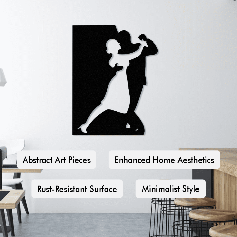 Black silhouette metal wall art of a dancing couple displayed on a white wall with descriptive tags, including abstract art pieces, enhanced home aesthetics, rust-resistant surface, and minimalist style.