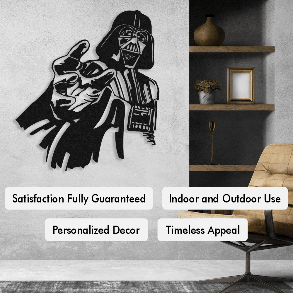Darth Vader metal wall art in bold black design, mounted on a textured gray wall in a modern room with wooden shelves, a tan leather chair, and minimalist decor. Text highlights include "Satisfaction Fully Guaranteed," "Indoor and Outdoor Use," "Personalized Decor," and "Timeless Appeal."