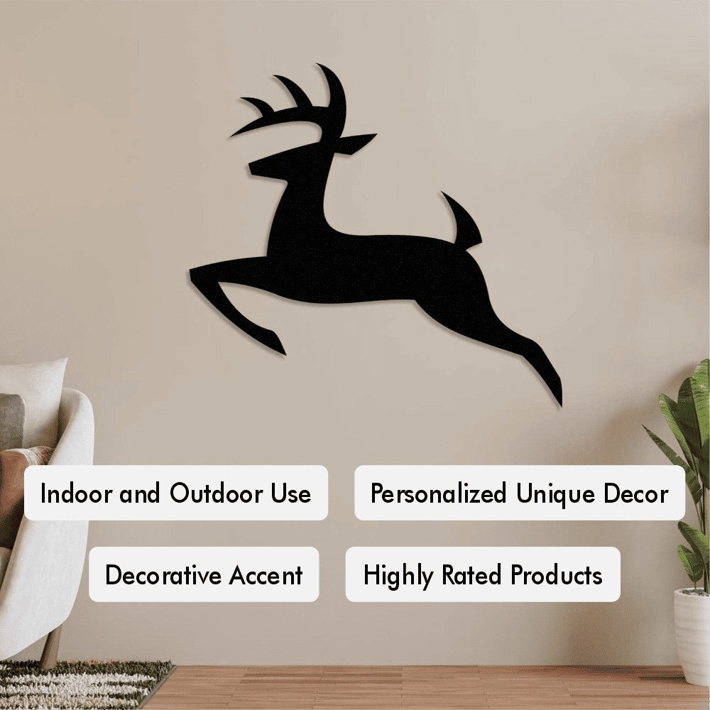 A stylish living room wall featuring a large, minimalist metal wall art of a leaping deer. Text overlays highlight product features such as "Indoor and Outdoor Use," "Personalized Unique Decor," "Decorative Accent," and "Highly Rated Products."
